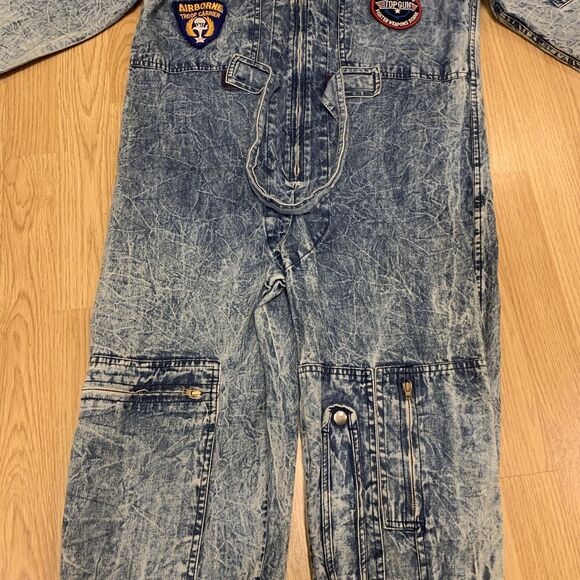Vintage Chemin De Fer Jumpsuit Womens Small Acid Wash Flight Suit Patches 80s - Picture 3 of 16